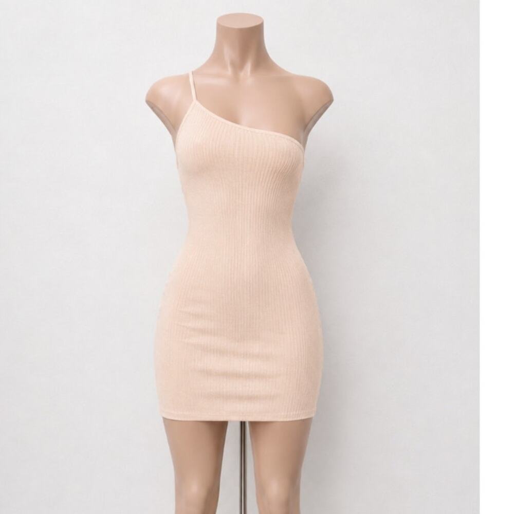Enza Costa Sexy Cream One Shoulder Spaghetti Strap Ribbed Bodycon Mini Med